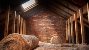 Attic with a skylight and rolls of insulation.
