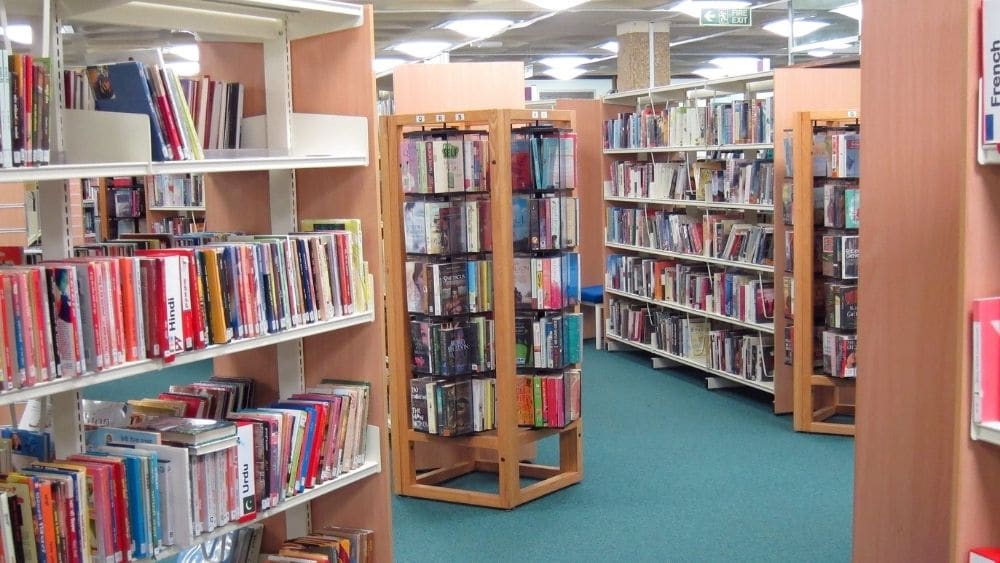 bookshelves in a public library