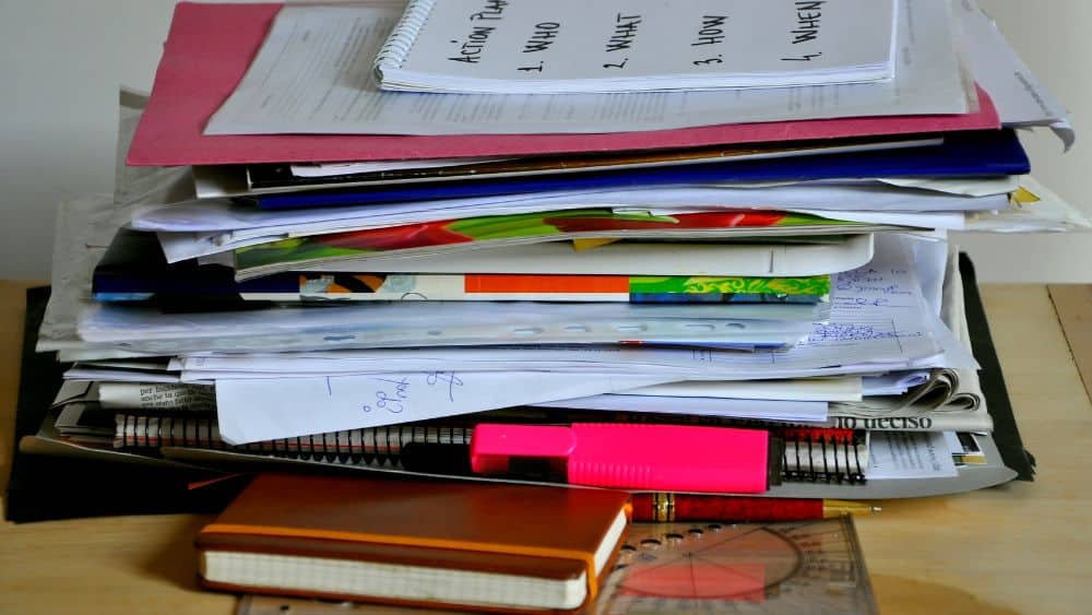 Stack of paper clutter.