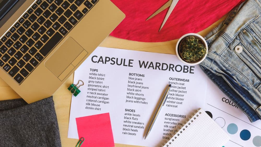 A paper that says "capsule wardrobe" with lists of clothes to include. The paper is surrounded by notecards, a laptop, cloth, and sticky notes.