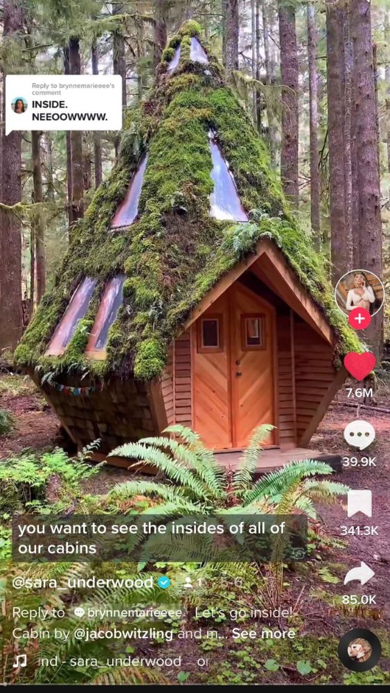 Screenshot of @sara_underwood's TikTok video showing a diamond-shaped tiny home with glass panels in the roof. The tiny home is located in a forest and covered in moss.