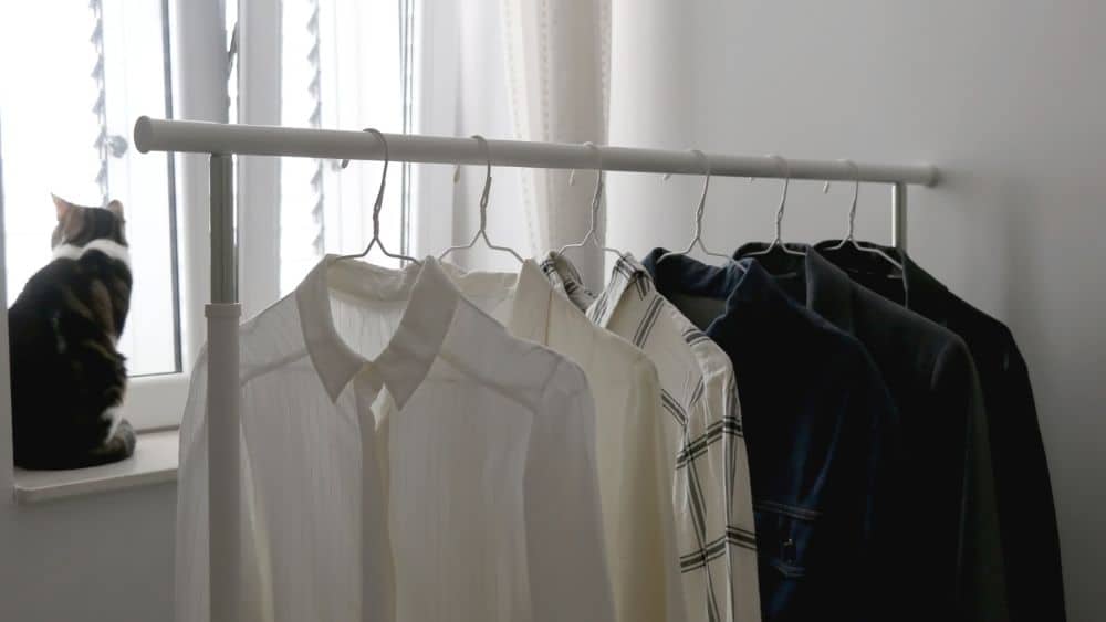 A white clothing rack with six items hanging from it, evenly spaced. The items are two white shirts, a white and black shirt, and three dark jackets. A cat sits on the windowsill behind the clothing rack.