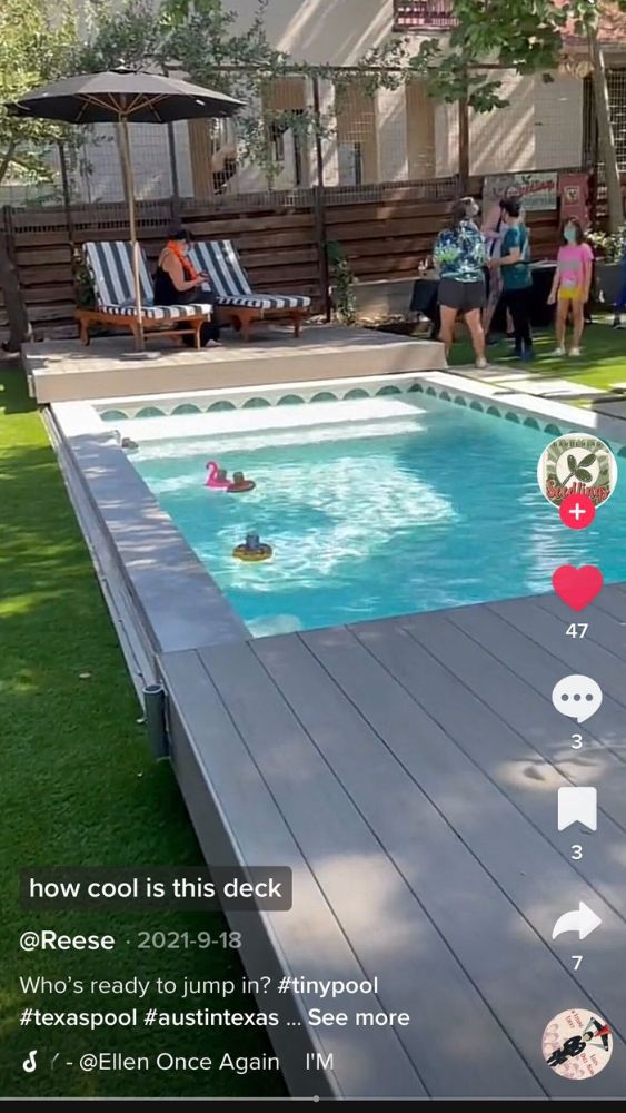 Screenshot of @Reese's video showing a grey deck with a small pool.