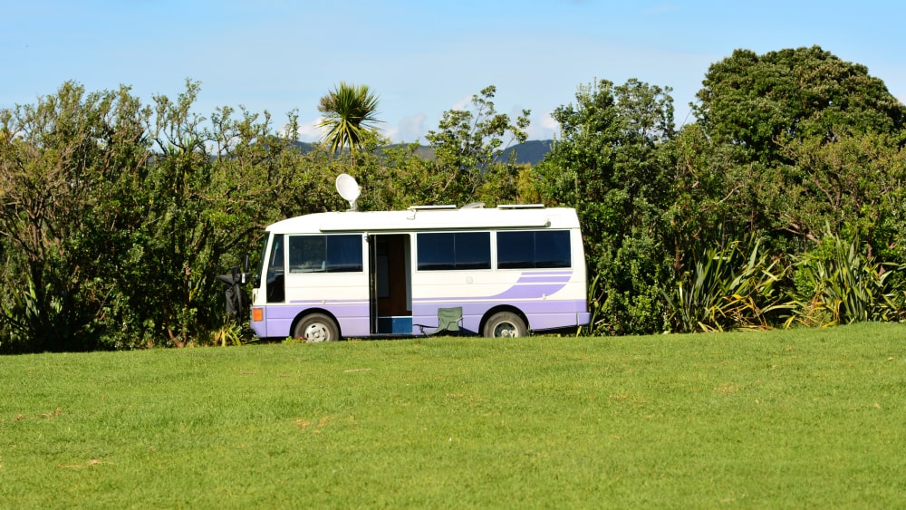 Purple and white camper van in green field of campground with trees in background